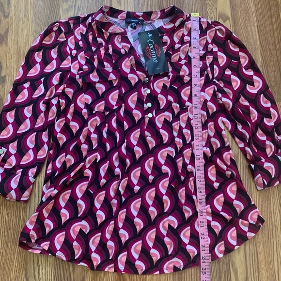 COCOMO Medium Burgundy multicolored 3/4 sleeve women’s pintuck Blouse top shirt - Picture 9 of 13